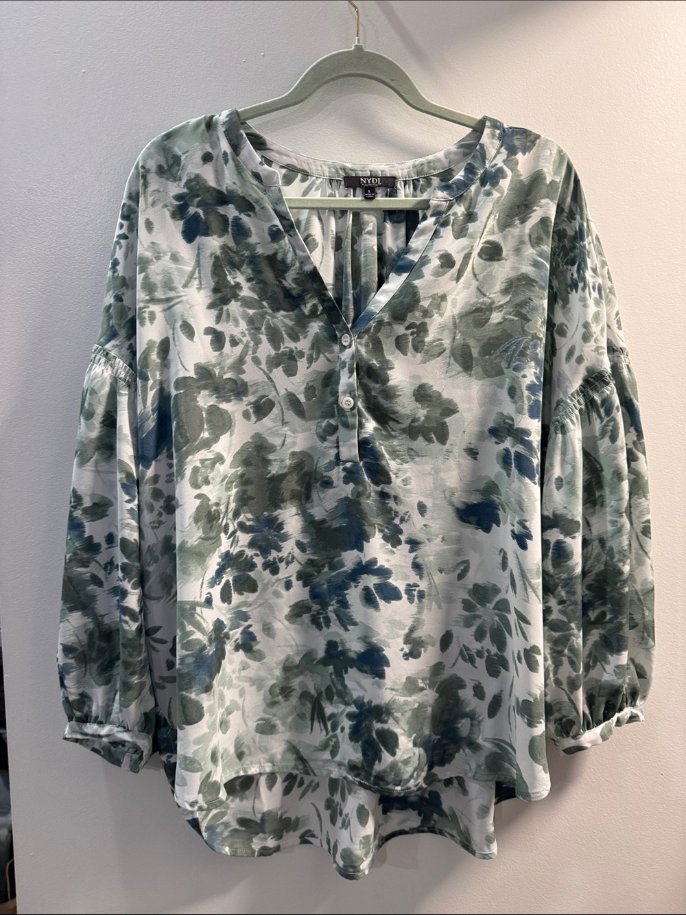 NYDJ White Blouse with Blue-Green Floral Wash